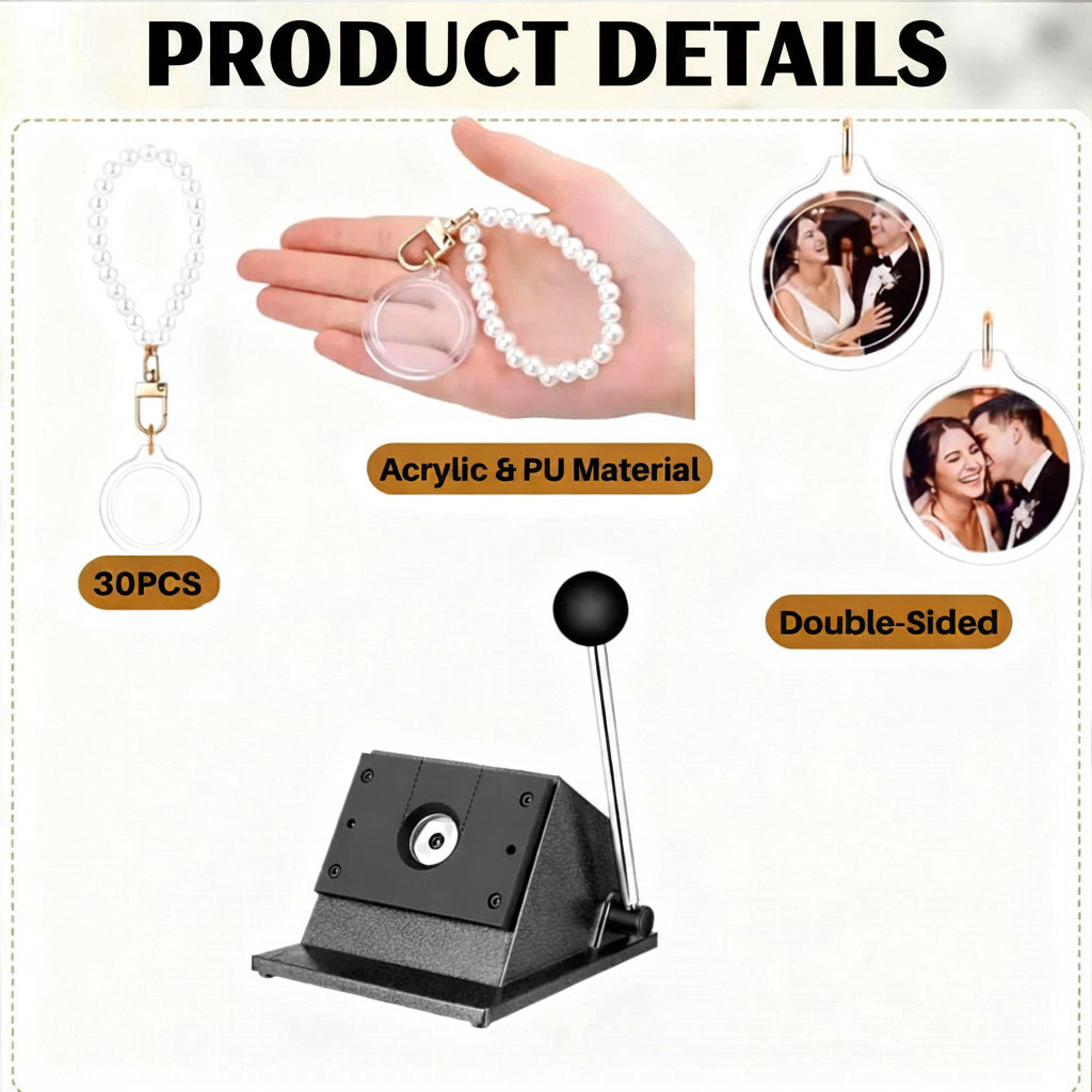 Acrylic Photo Keychain Kit – 30 Pcs Circle Keychains with Pearl Strap & 35MM Cutter